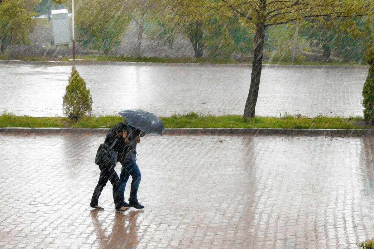 A couple sharing one umbrella as they walk across a wet, rain-soaked square by a river